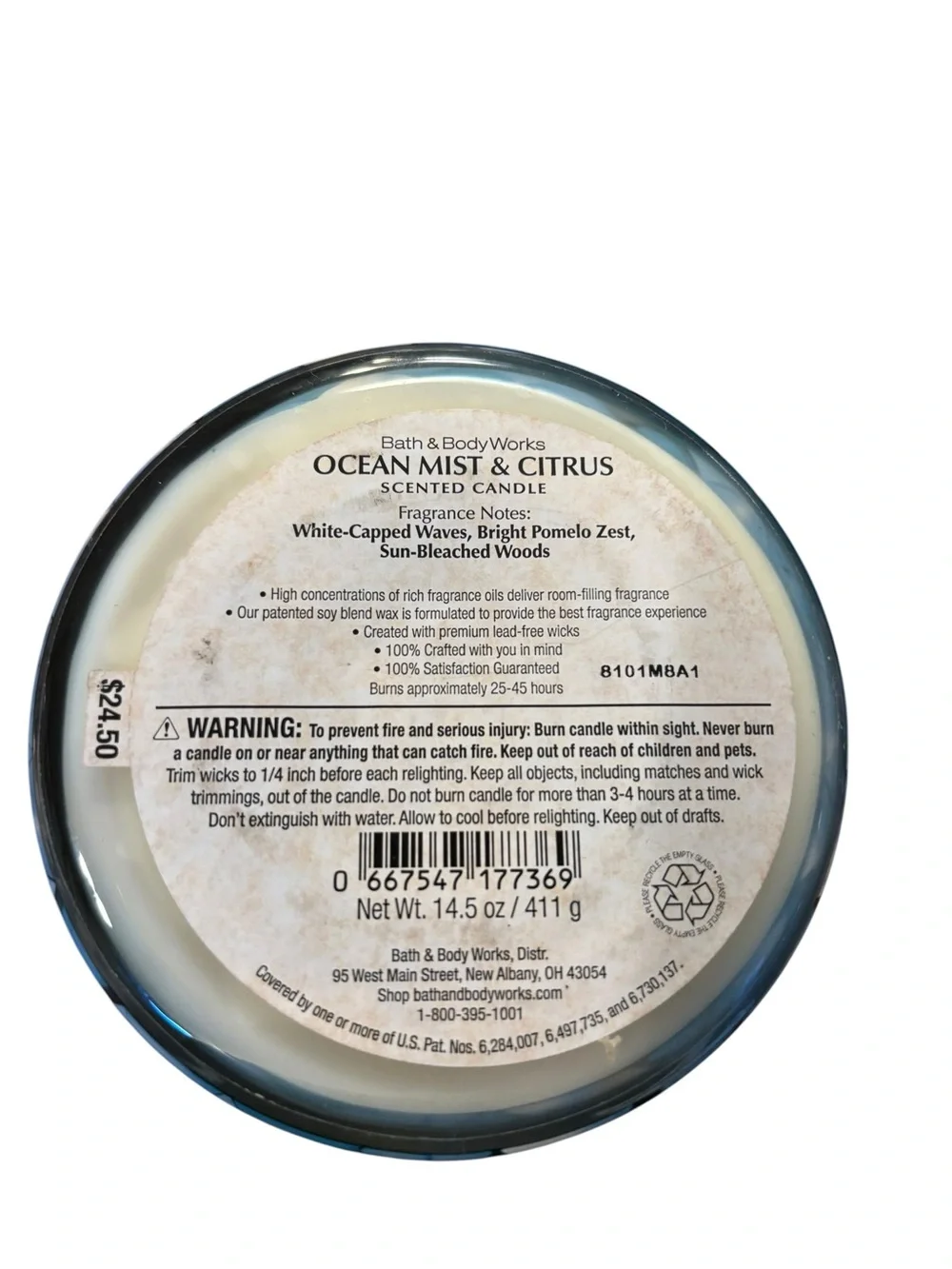 Bath & Body Works 3-Wick Scented Candle- Blue Ocean Mist & Citrus